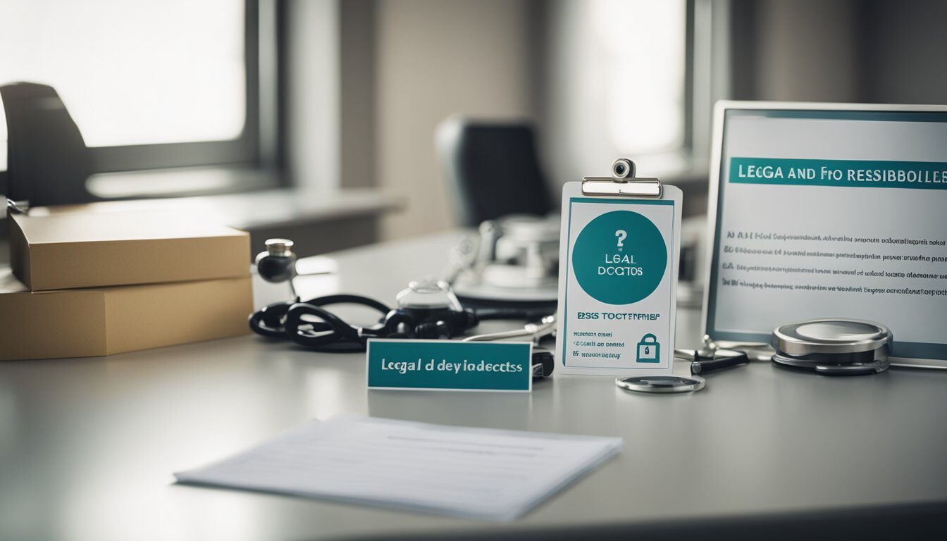 A doctor's office with medical equipment, a desk with paperwork, and a sign displaying "Legal Aspects and Responsibilities: Best CNPJ for Doctors?"